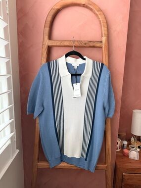NWT Reiss Men's Blue & Cream Short-Sleeve Polo Sweater